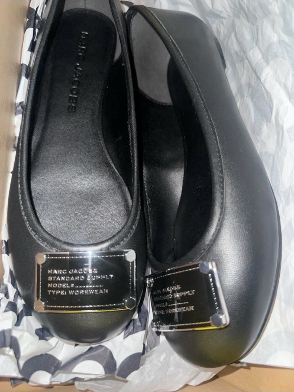 Marc Jacobs Black Leather Ballet Flats with Metal Logo Plate